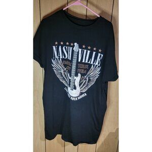 Womens Large Black Stretch Top Music Graphic Comfy Relaxed Fit Shirt w/ Pockets